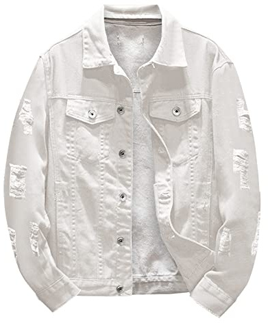 Chaqueta vaquera con solapa y solapa para hombre, para primavera y otoño, para ocio, ocio, unisex, cortavientos, para adultos, blanco, L