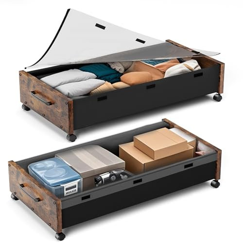 JSHNE Wooden UnderBed Storage with Wheels, 80L Extra-large Rolling Under the Bed Storage Bins 2 Pack with Removable Lid, Upgrade Metal Under Bed Drawers for Clothes Shoes (Vintage Brown-2pack)