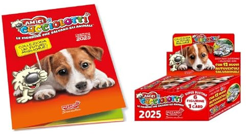 Album figurine Amici Cucciolotti 2025 con 6 bustine + pacco 50 bustine - 6 figurine e una card per bustina + portachiave e penna colorata