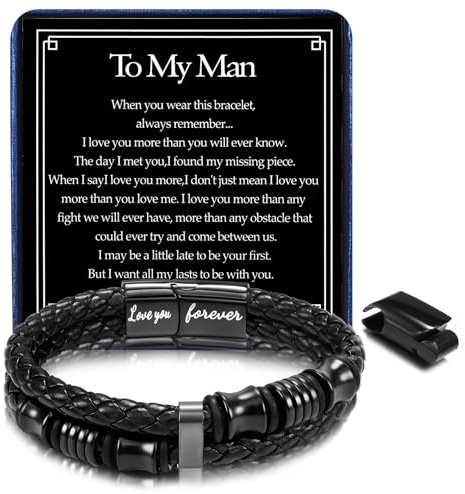 Joykee Mens Leather Bracelets Jewellery Gifts for Men Him Husband Boyfriend To My Man Adjustable Stainless Steel Wrist Bracelet Men with Card Letters Birthday Christmas