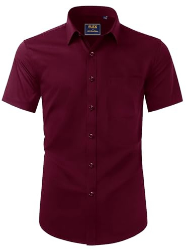 Alimens & Gentle Camicia da uomo a maniche corte, senza pieghe, vestibilità normale, per il tempo libero, estiva, da spiaggia, con tasca, Bordeaux, XL