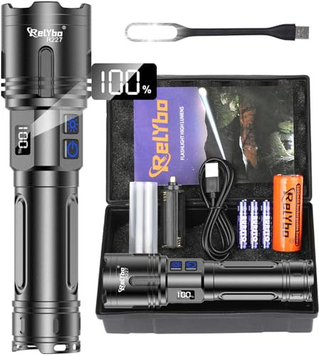 Relybo Torches LED Super Bright 1000000 Lumen, Rechargeable Torch XHM90.2 Flashlight, LED Torches Powerful Battery Powered, 2 Switches Stepless Dimming High Powered Torch Tactical, Camping Dog Walking