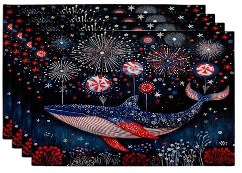 Set di 4 tovagliette decorative con fuochi d'artificio e balene, colore: rosso navy con stelle per tavolo da pranzo, lavabili, motivo oceano natalizio