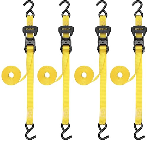 STANLEY S10204 1.25 x 16' Pre-Threaded Ratchet Straps - 1,000 LBS Safe Working Load / 3,000 LBS Break Strength, 4 Pack