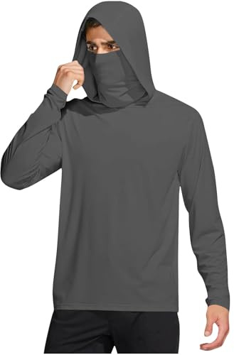 RLEHJN T Shirt Anti Uv Homme Manche Longue T-Shirt À Capuche Pour Homme Avec Masque Uv Haut De Sport Protection Solaire D'Été Décontractée Vêtements De Protection Solaire Pour Pêche Randonnée