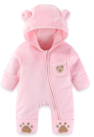 JiAmy nyfödd baby snödräkt fleece vinter snödräkter, björn med huva sparkdräkt tecknad baby flickor pojkar kläder kläder kläder 0-12 månader, Lätt-Rosa, 0-3 Months