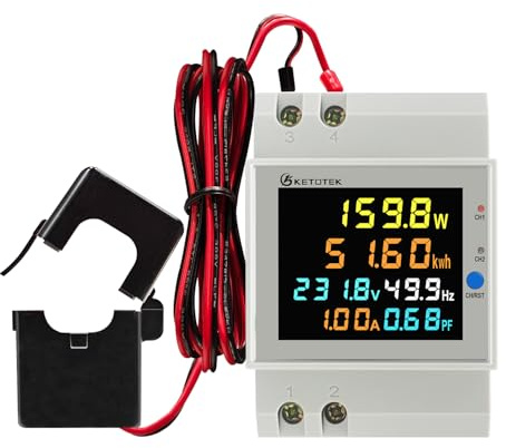KETOTEK Contatore Energia Elettrica Monofase, 2 Canali - Misuratore Consumo Elettrico su Guida DIN AC40-300V con 2 CT da 100A, Contatore kWh con Trasformatore di Corrente a Nucleo Diviso