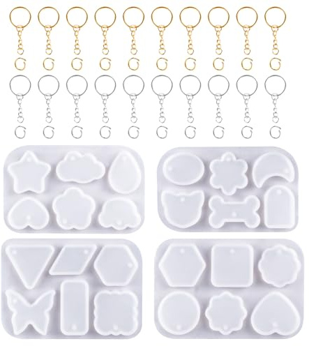 Plushly Lot de 4 moules en résine époxy pour porte-clés avec 24 cavités et trous, 20 porte-clés avec chaîne + 20 anneaux ouverts, moules irréguliers en silicone pour travaux manuels, kit de