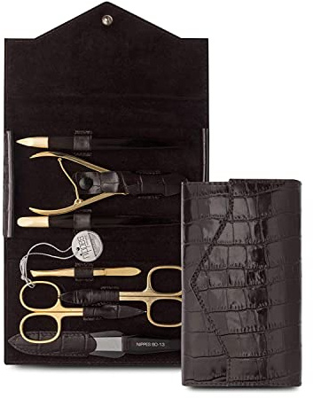 nippes Solingen Premium Line - Set per manicure Croco, 7 pezzi, nichelato e placcato oro, per la cura delle unghie, in pelle bovina con design coccodrillo, prodotto in Germania
