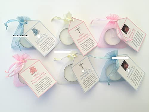 40 Personalised Christening Day DIY Organza Bag, Candle & Personalised Tag Favours Keepsakes