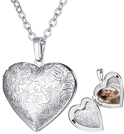 U7 Flower Grain Heart Locket Necklace That Hold Picture/Urn Ashes Platinum Plated Memorial Jewelry for Women