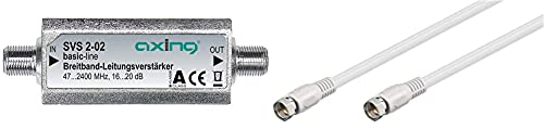 Axing SVS 2-02 Satelliten-Leitungsverstärker Inline Breitband & Goobay 60722 Sat Anschlusskabel, Antennenkabel, Koaxialkabel, F-Stecker auf F-Stecker,2-Fach geschirmt, 0,3m, 80 dB, weiß