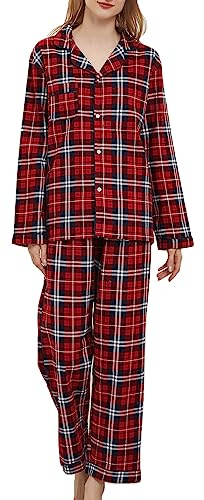 CHUNG Women Brushed Cotton Pyjamas Set Long Sleeve Button Down Tops Pants Flannel Sleepwear Lounge Cozy Warm Winter Plus Size (S, Red Tartan)