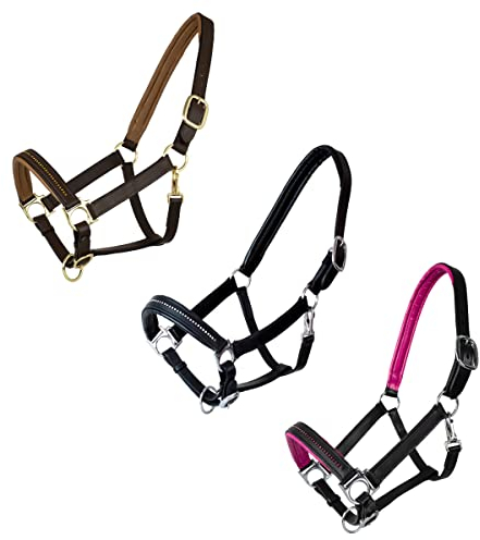 Marengos - Halfter Diamond aus Leder | Halfter für Pferde | Pferdehalfter mit farbig unterlegtem Nasenriemen & Genickstück | edles Lederhalfter | Pferde Zubehör in Braun/Gold | Warmblut