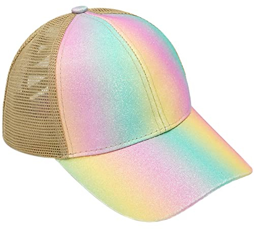 YeeHeen Berretto da baseball per ragazze Criss Cross Coda di cavallo Cappelli da baseball Rainbow Glitter Sun Cap, giallo e rosa., Taglia Unica