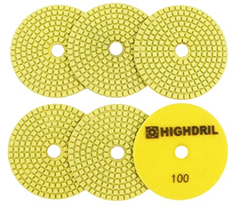 HIGHDRIL Tamponi Diamantati 100mm per Lucidatura a Umido 6 Pezzi, Disco Lucidatura Grana 100 per Granito, Marmo, Quarzo, Pietra Artificiale per Smerigliatrice
