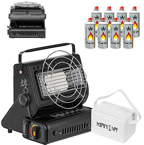 Mianova Keramik Gas Camping Heizung Kocher 90° drehbar 1,3 KW Heizstrahler Gasheizung Campingkocher Gaskocher Notfallkocher 8 Glasflaschen Gaskartuschen