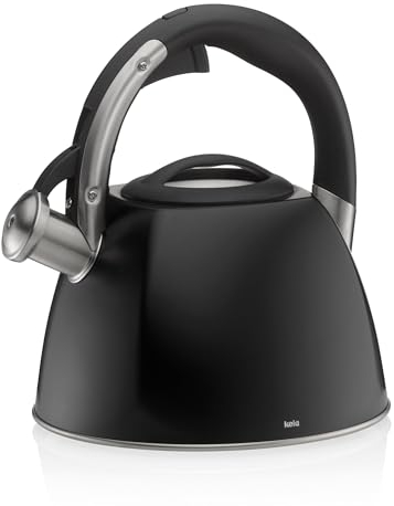 kela Bouilloire Vitus, Ø 22 cm, 2,4 L, acier inoxydable 18/10, noir mat, fond thermoplastique, poignée avec bouton intégré pour une ouverture sûre du couvercle verseur, 12079