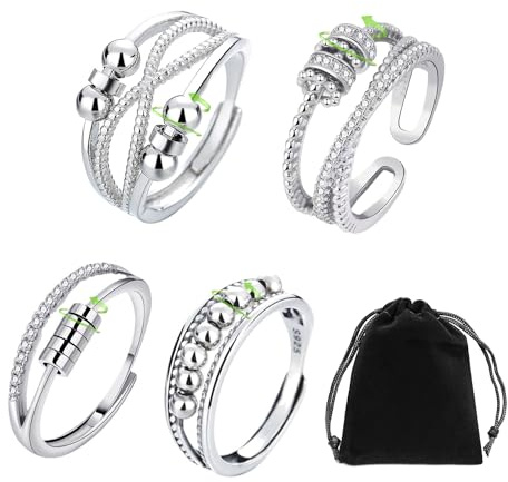 JTMKYO 4 PCS Girls Spin Rings with 1 Pc Flannel Bag, Finger Decoration Accessory, Anxiety Relief Ring, Adjustable Ring, Gift for Girls, Bestie (Silver)