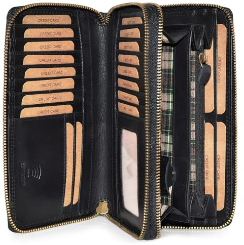 Benthill Geldbörse Damen Gross Echt Leder | Portemonnaie Damen Groß mit RFID Schutz | Geldbeutel aus hochwertigem Rindsleder mit vielen Kartenfächer inkl. Geschenkbox, Farbe:Schwarz