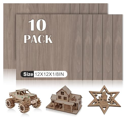 10-pack valnöt plywood ark 12 x 12 x 1/8 tum, 3 mm plywood för laserskärning och gravyr, obehandlat trä för hantverk, träförbränning, arkitektoniska modeller.
