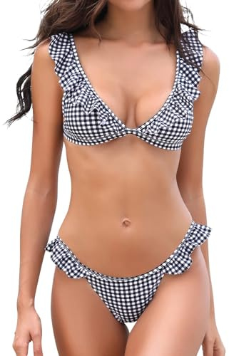 SHEKINI Women's Bikini Set Ruffles Two Piece Swimsuit with Low Waisted Brazilian Bottoms Padded Push up Bathing Suit Sexy Micro Swimwear for Women, Black Check, S