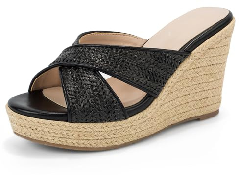 Mezent Women's Wedge Slides - Sandals - espadrilles raffia sandals -summer Open Toe platform Slip On high heel casual sandals beach comfortable slippers Black SIZE 6