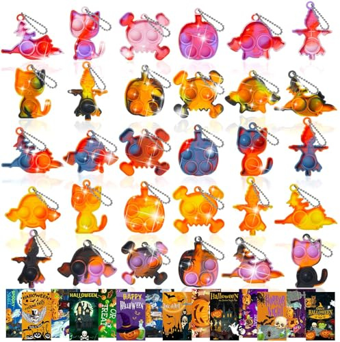 TOANWOD 30PCS Halloween Party Bag Fillers: Children Gifts for Kids Goody Bag Fillers Party Favours - Stocking Stuffers Toys Prizes Gifts Trick or Treats - Classroon Prize Pinata 30 Keyring + 30 Cards