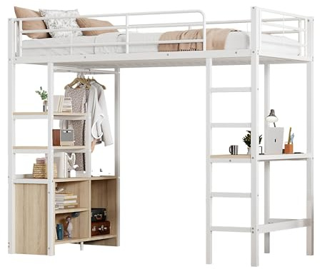 Azkoeesy Cama alta de metal con escritorio, 90 x 200 cm, multifunción, cama individual, cama juvenil, con barra de ropa, estante de almacenamiento, enchufe, color blanco