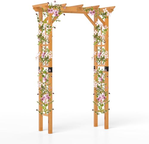 COSTWAY Trärosbåge, träbåge för klätterväxter och hängande korgar, portbåge med tak, klätterstödje, klätterbåge, för trädgård, bröllop, fest, tallträ, orange, 140 x 60 x 215 cm