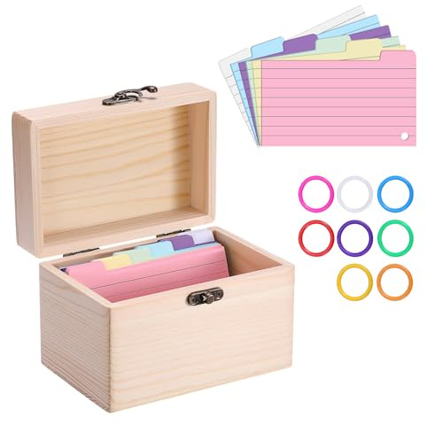 BSTKEY 1 Pc Wood 3 * 5 inch Index Card Box Storage Organizer, Home Office Recipe Card Holder Countertop Name Card Storage with 150 Notepapers & 8 Rings (Burlywood)