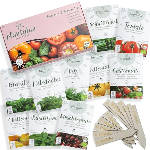 Plantaluz Bio Saatgut Set – 10 Sorten Tomaten & Kräuter für Garten, Balkon & Hochbeet – Premium Samenmix inkl. Pflanzstecker – samenfest, ungebeizt, gentechnikfrei