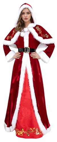 HoveeLuty Christmas Outfits for Women Gorgeous Santa Dress with Hooded Shawl & Gloves & Belt Christmas Outfit for Party Cosplay Santa Costume Women Costume