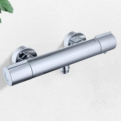 HOMELODY Grifo de ducha con termostato – Grifo mezclador de pared con botón de seguridad de 38 °C, cromo, grifo mezclador de ducha, termostato, de acero inoxidable