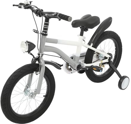 Barncykel 40 cm med stödhjul och LED-ljus, barncykel för flickor och pojkar med manuell ringklocka och stänkskärm, flexibelt justerbar, för 5 till 8 år (grå, 16 tum)