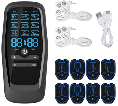 Wxeadu Elettrostimolatore Muscolare, TENS Elettrostimolatore Dolore, Simulatore del Ciclo Mestruale con 9 Modalità e10 Cerotti per Sviluppo Muscolare, Sollievo dal Dolore, 2 Channels