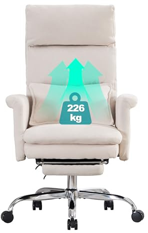 UEV Ergonomic Office Chair with Footrest,Heavy Duty up to 226kg,Flip-Up Armrests,Thick Padded Seat,Adjustable Headrest,Cross-Legged Sitting Desk Chair,Swivel Computer Chair for Home Office,Beige