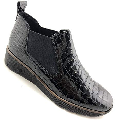 Rieker Eria Womens Leather Slip On Wedge Heel Chelsea Boots 7.5/41 Black Croc Patent