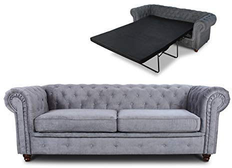 Schlafsofa Chesterfield Asti Bis 3-Sitzer, Sofa mit Schlaffunktion, Couch 3-er, Couchgarnitur, Sofagarnitur, Holzfüße, Polstersofa (Grau (Capri 09))