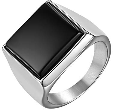 JewelryWe Men's Simple Signet Ring with Square Black Stone Polished Stainless Steel Ring Bands(Size W)