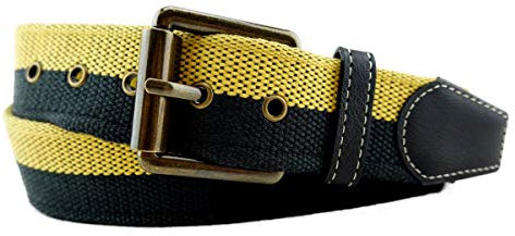 TigerTie hochwertiger Stoffgürtel mit Edelstahl Schnalle und echt Leder Applikationen in gelb schwarz zweifarbig. Gürtelbreite 40 mm, Bundweite 90 cm