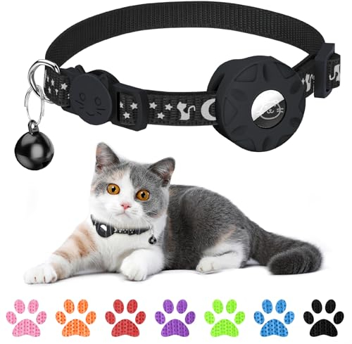 Integriertes Katzenhalsband Mit AirTag Halter und Glocke - Reflektierend Mit Abbrechbarer Sicherheitsschnalle für Kätzchen und Welpen (Schwarz)
