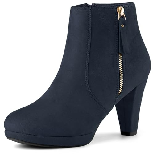 Allegra K Women's Side Zip Low Platform Chunky Heel Navy Blue Ankle Booties 8 M US