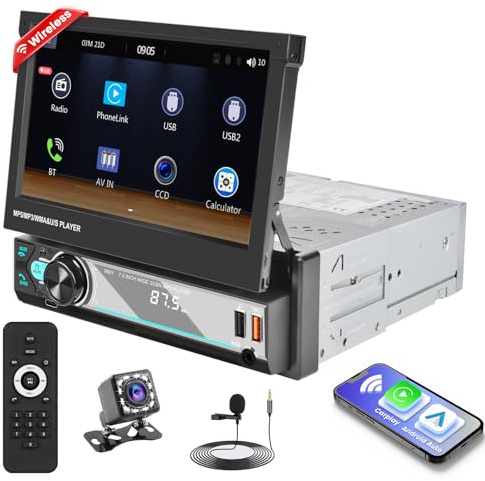 Hikity 1 DIN Radio de Coche Pantalla Retráctil Táctil de 7 Radio de Coche Inalámbrico Carplay Andriod Auto Bluetooth Manos Libres Mirror Link AUX-in FM USB EQ SWC TF + Cámara de Visión Trasera