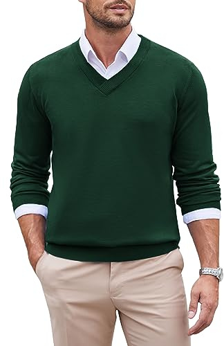 COOFANDY Maglione Uomo Scollo V Pullover Classico Invernale Maglia Fine Regular Fit Maglione Elegante Casual Ufficio Pullover Basic Uomo Verde XXL
