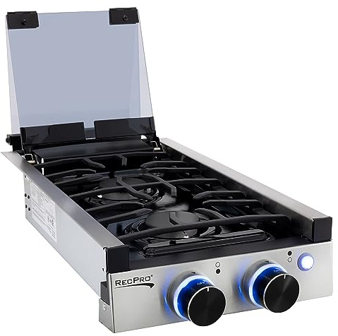 RecPro RV Built In Gas Cooktop | 2 Burner or 3 Burner | RV Cooktop Stove | 6,500 and 8,000 BTU Burners | Cover Included (Stainless Steel, 2-Burner)