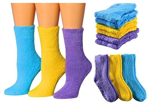 Tipi Toe Women's 3-Pairs Cozy Microfiber Anti-Skid Soft Solid Plain Blue Yellow Purple Colored Fuzzy Crew Socks, FZ32-B-T1