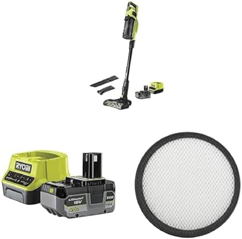 Ryobi - Aspirateur balai 18V sans fil à batterie ONE+ / Moteur Brushless / Livré avec filtre, 2 brosses​, 1 suceur plat, 1 batterie 4Ah et 1 chargeur rapide