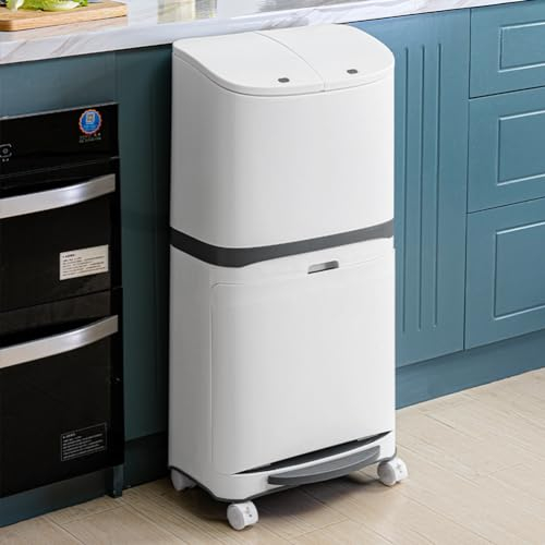 Warmiehomy Recycling Bins for Kitchen 48L Double Bin Dry and Wet Separation Trash Can with Pedal 3 Compartment Garbage Bin with Wheels