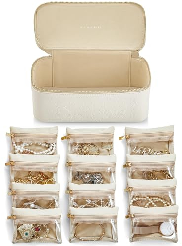 Vlando Travel Jewellery Organiser,PU Leather Jewellery Box with 12 Velvet Jewellery Pouch, Jewellery Case for Necklace,Ring, Gifts for Women, White-L